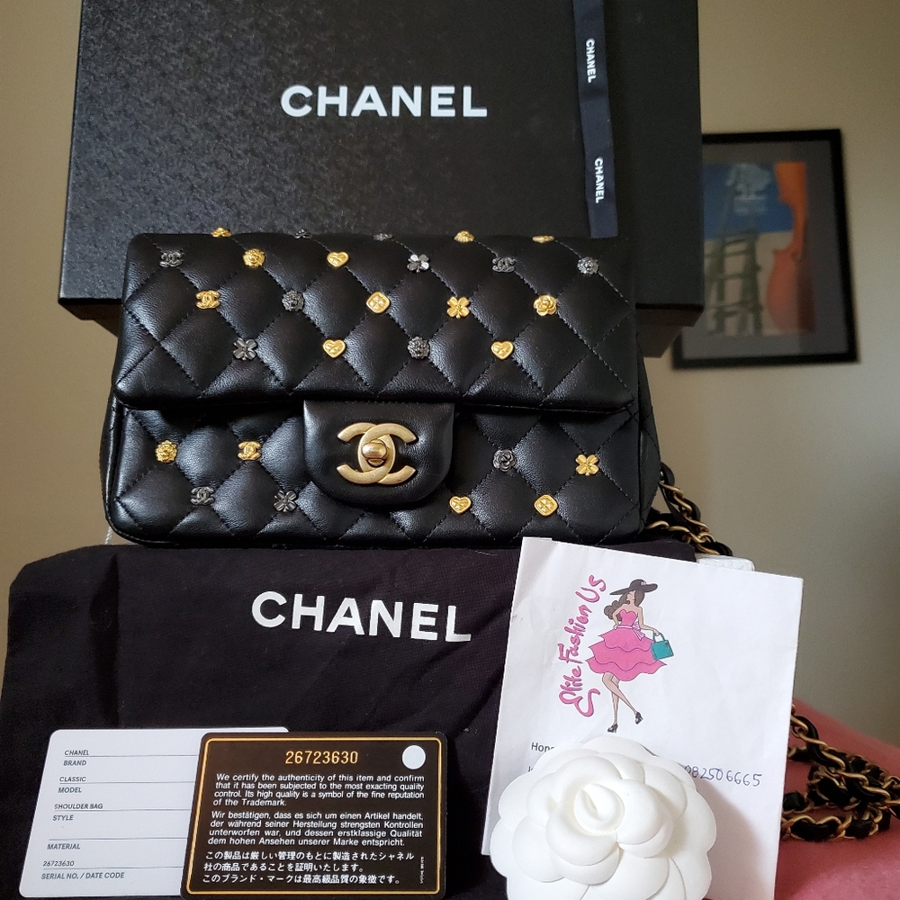 Chanel classic mini studded Black and Gold Quilted Women's Bag